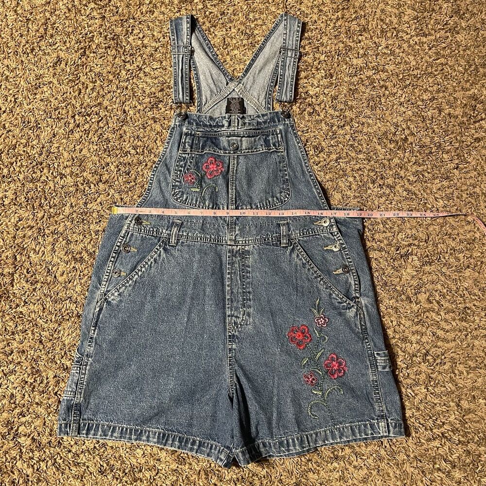 VTG Route 66 Denim Carpenter Short Overalls L Bibs Embroidered Floral Y2K 90s - Picture 8 of 12